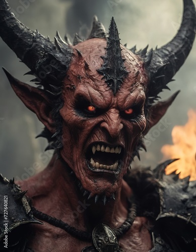 Horror-themed cinematic film still, a horrifying red-skinned male demon king © Ioan