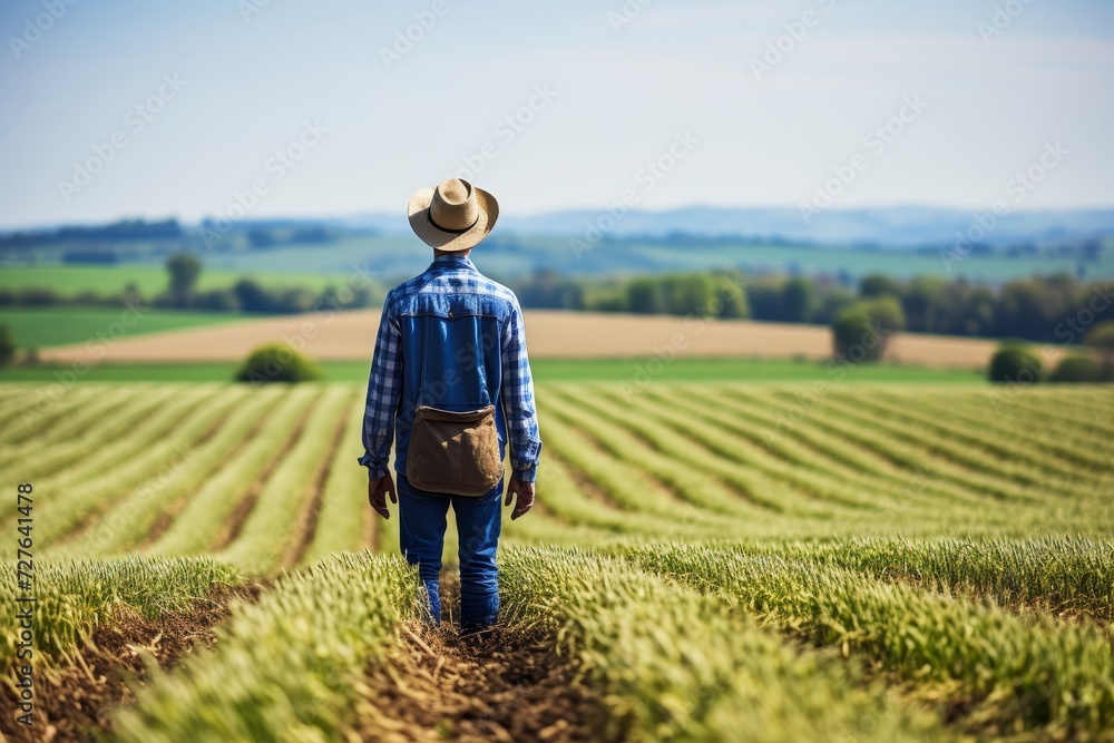 Rural farmer operating tractor in lush green agricultural field during harvest season Rural farmer operating tractor in lush green agricultural field during harvest season
