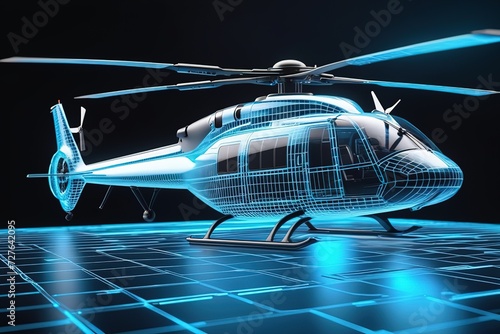 blue Hologram wireframe of Helicopter Future Concept Simulation and connect technology.ai generated