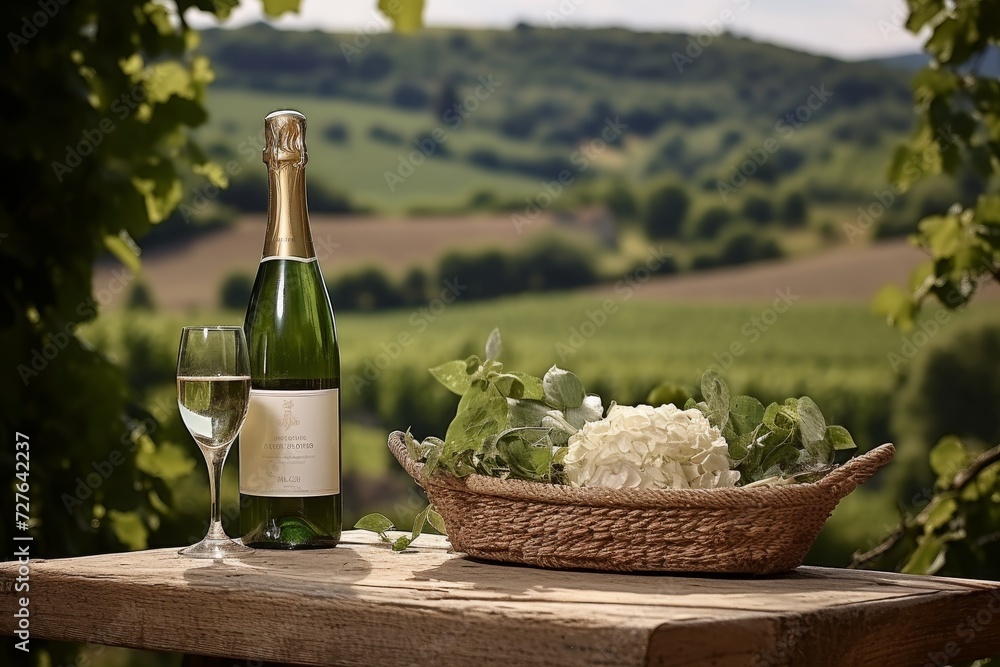 champagne bottle and glass in vineyard - elegant luxury and refreshing sparkling wine