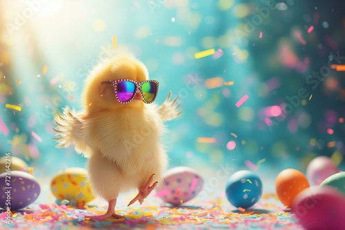 Easter chick with holographic sunglasses dancing, Easter eggs flying around, bright colors