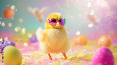 Easter chick with holographic sunglasses dancing, Easter eggs flying around, bright colors © World of AI