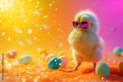 Easter chick with holographic sunglasses dancing, Easter eggs flying around, bright colors