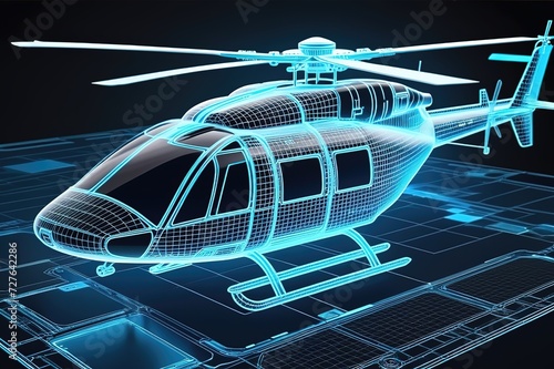 blue Hologram wireframe of Helicopter Future Concept Simulation and connect technology.ai generated