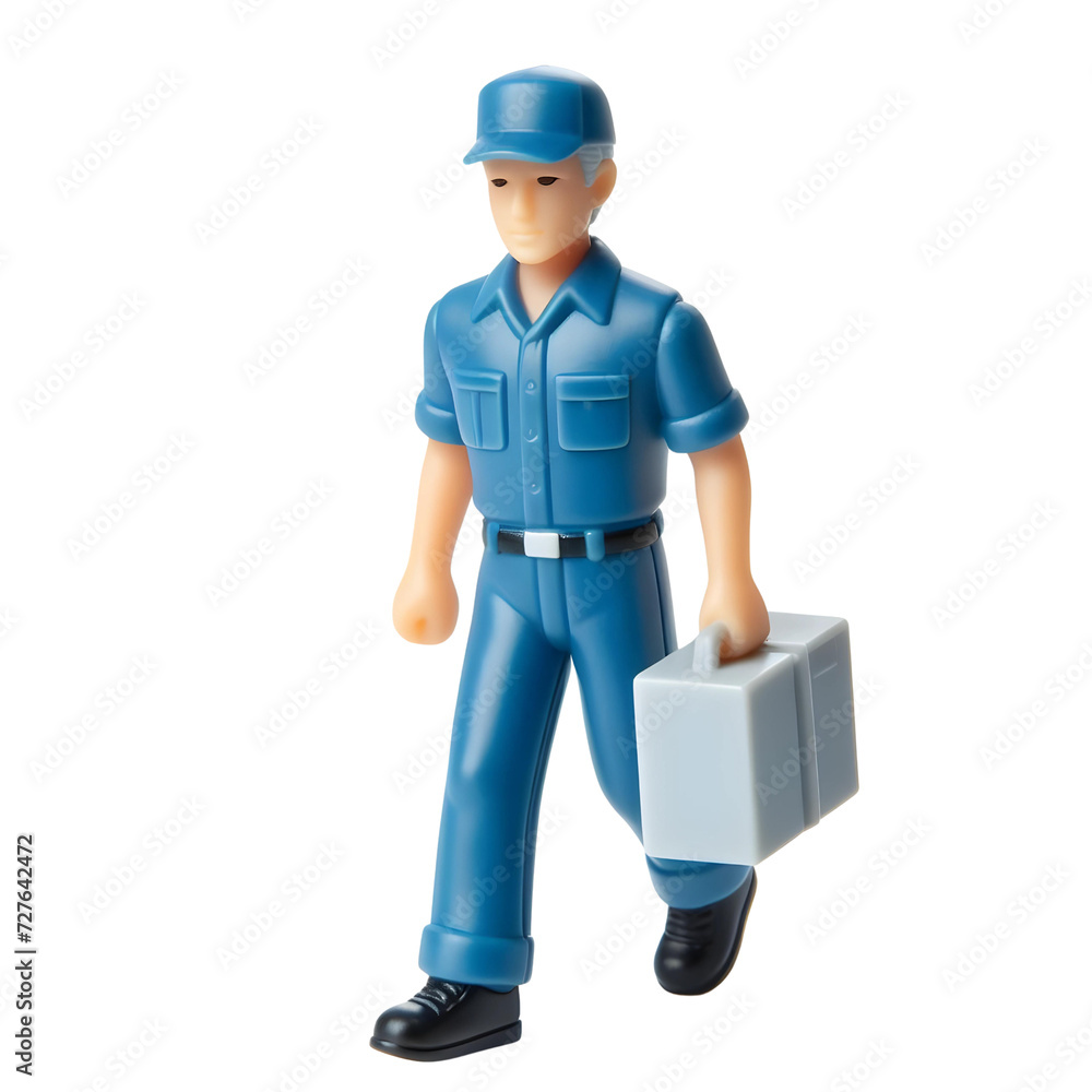 Plastic toy figure Deliveryman isolated on transparent background