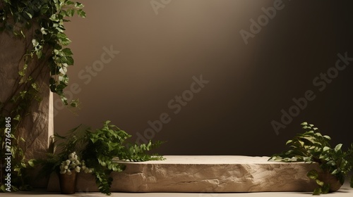 A backdrop of eco-friendly beige with a minimalist wood block podium, accented by a scatter of vibrant green leaves and earthy stone arrangements. © Raziq