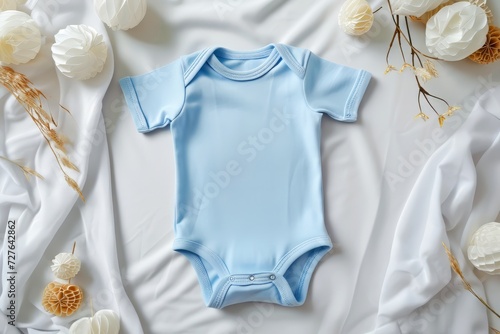 Mockup of soft blue Baby Bodysuit for Girl or Boy on room decorations background. Blank baby clothes template, Pastel empty baby body suit mock up  © thanakrit