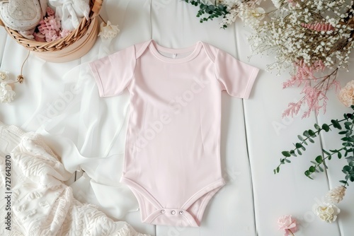 A plain blank empty Pink baby onesie bodysuit for Girl or Boy on room decorations background, Pastel empty baby body suit mock up.  © thanakrit