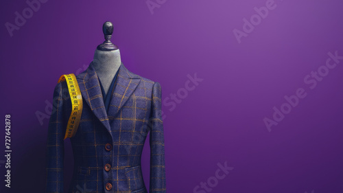 A bespoke double-breasted suit on a mannequin against a purple backdrop, exuding sartorial elegance with a measuring tape draped over the shoulders