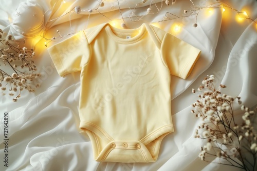 Yellow cotton baby short sleeve bodysuit on room decorations background. Gender neutral newborn bodysuit template mock up. 