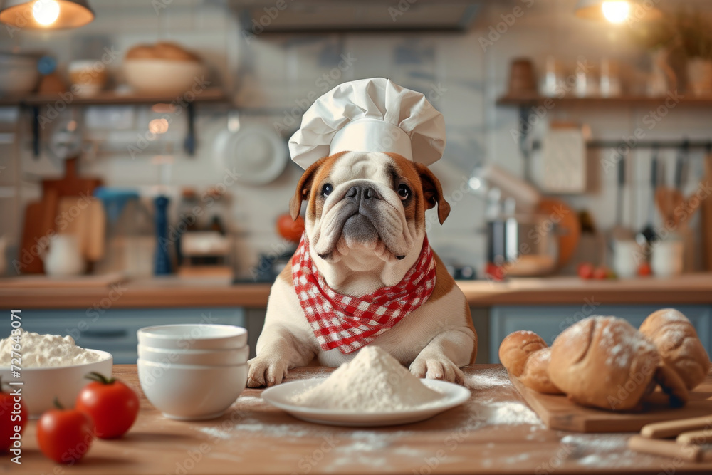 A charming bulldog wearing a chef's hat and scarf, seemingly ready to take on a culinary challenge, amidst a kitchen setting