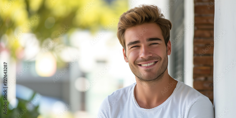 Sunny portrait of a young man with a beaming smile and casual style, outdoors