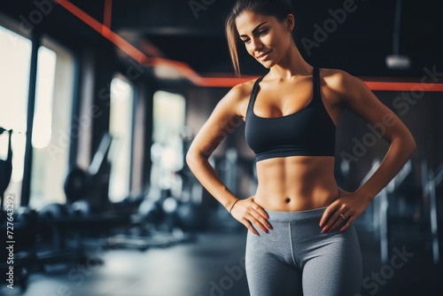 Athletic woman showcasing her well-defined abdominal muscles in stylish sportswear