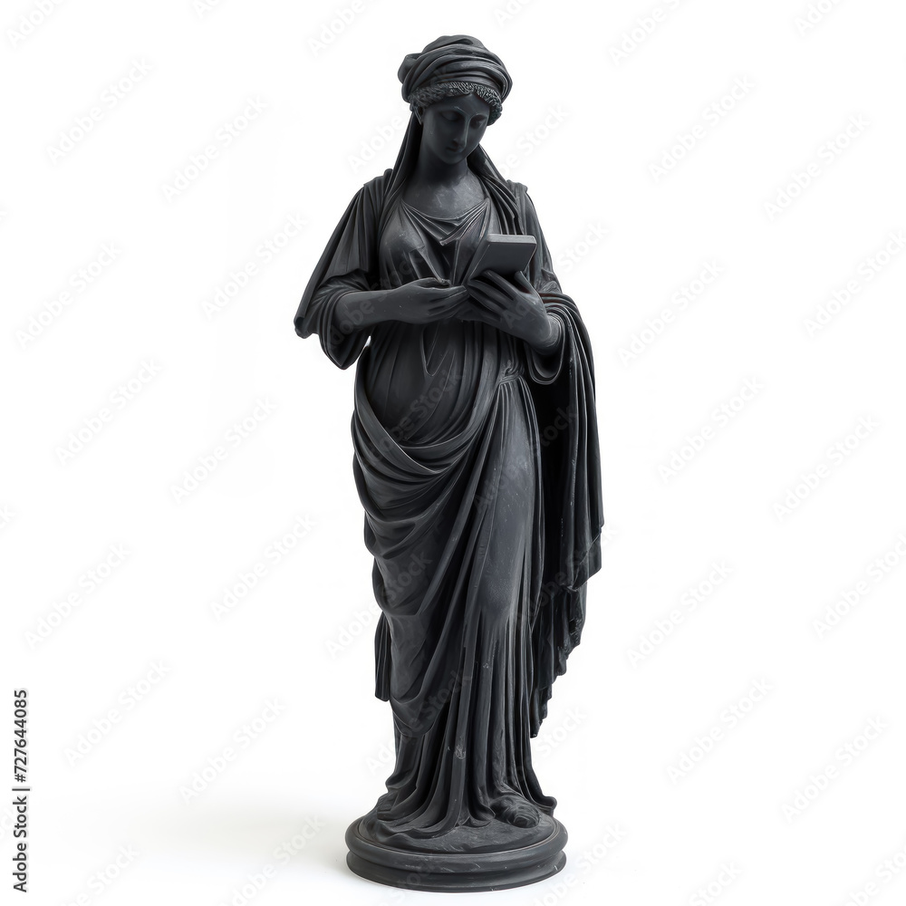 An ancient Greek statue black woman holding phone,Carved from black obsidian. isolated on white background 