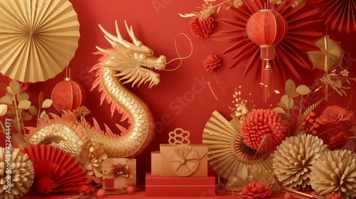 Wallpaper Mural image of paper art about "Chinese new year" has dragon , gift box , goldbar , fireworks , chinese lanterns , chinese fan , flower , modern art on red and gold background Torontodigital.ca