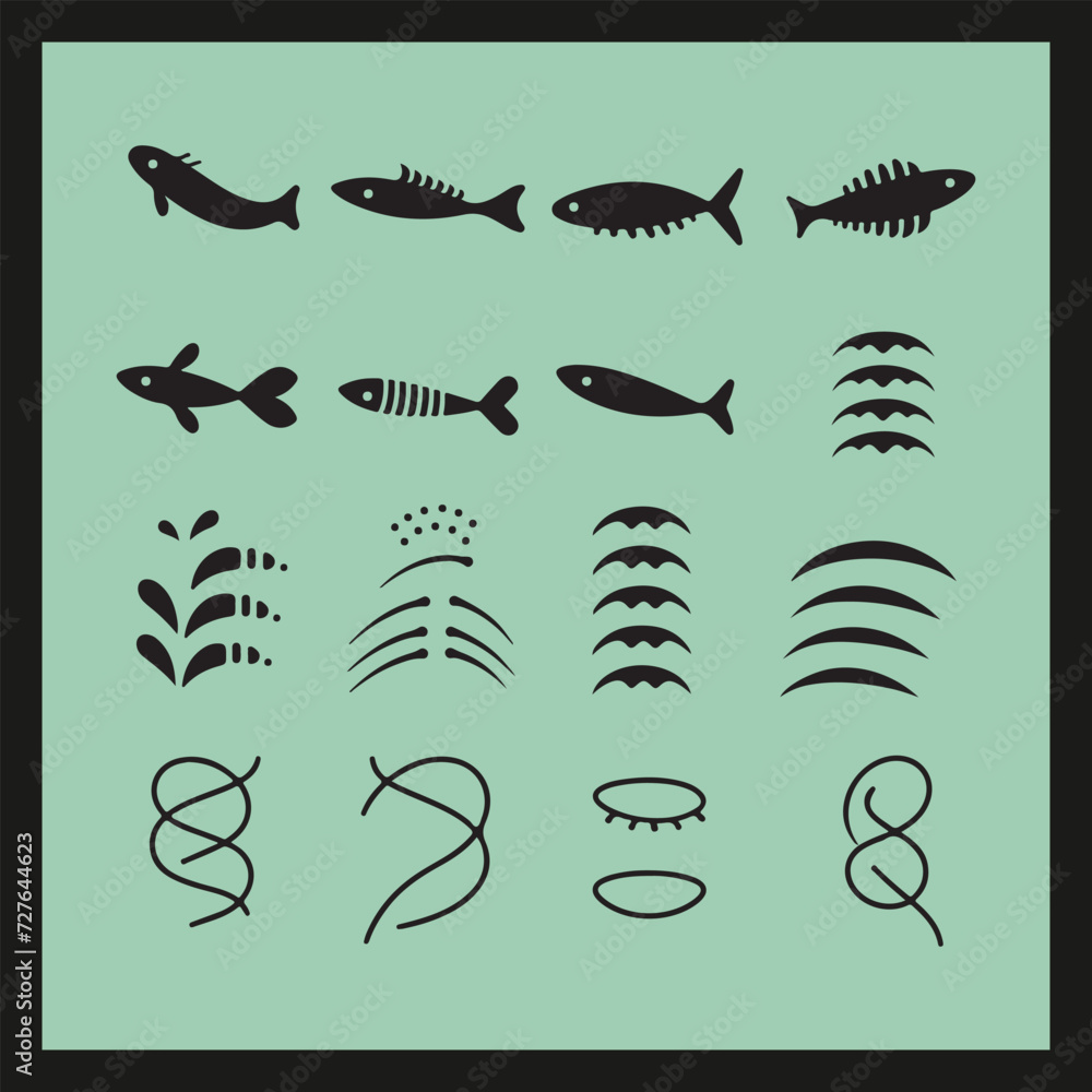 fish bone line icon silhouette set fish bone line icon silhouette set