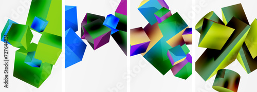 Flying 3d shapes, cubes and other geometric elements background design for wallpaper, business card, cover, poster, banner, brochure, header, website