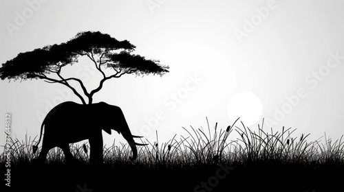 Elephants in the savanna  black monochrome illustration  AI generated Image