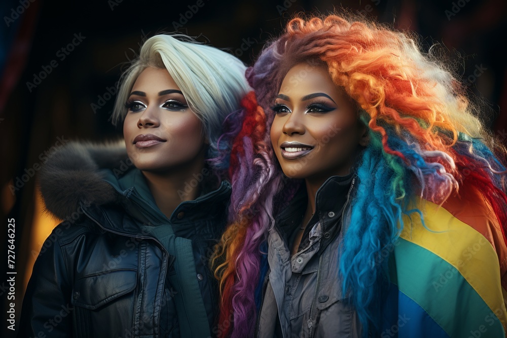 Two african american women with rainbow hair in the city Two african american women with rainbow hair in the city