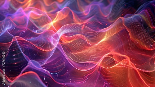 Chromatic waves of light pulsating in sync, forming abstract patterns with a rhythmic and dynamic energy.