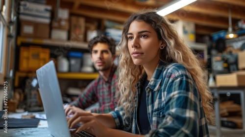 Diverse small business partners working from home and chatting, Spanish female manager filling out online orders on laptop.