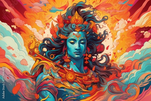 Hand-drawn illustration, concept Hindu holiday RamaNavami. swirling color, vibrant. © MaskaRad
