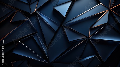 Abstract geometric dark blue 3d background illuminated with orange light.