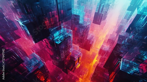 Cubic structures of light intersecting and overlapping, constructing an abstract cityscape in neon hues.