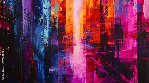 Cubic structures of light intersecting and overlapping, constructing an abstract cityscape in neon hues.