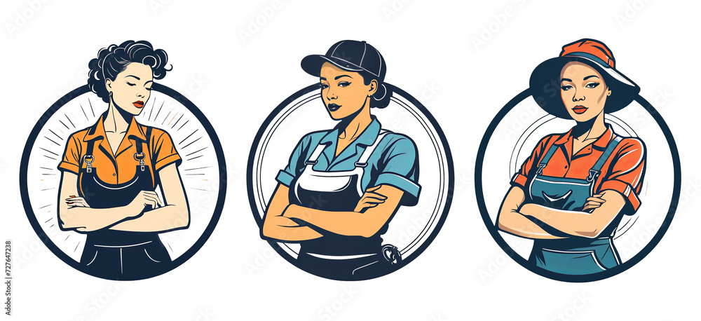 Set of 3 modern person jobs badge, creative diverse people equipped for various jobs, mechanic, carpenter, plumber, lumberjack Set of 3 modern person jobs badge, creative diverse people equipped for various jobs, mechanic, carpenter, plumber, lumberjack