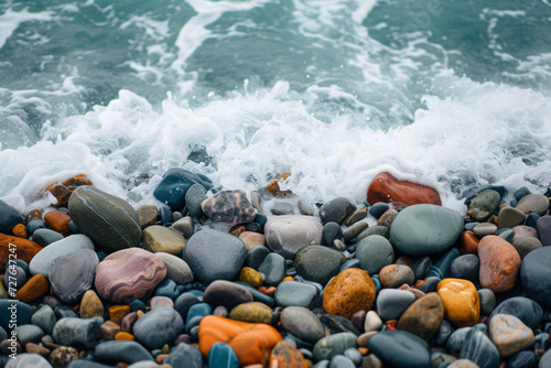 Pebble Shore with Multicolored Stones and Crashing Waves