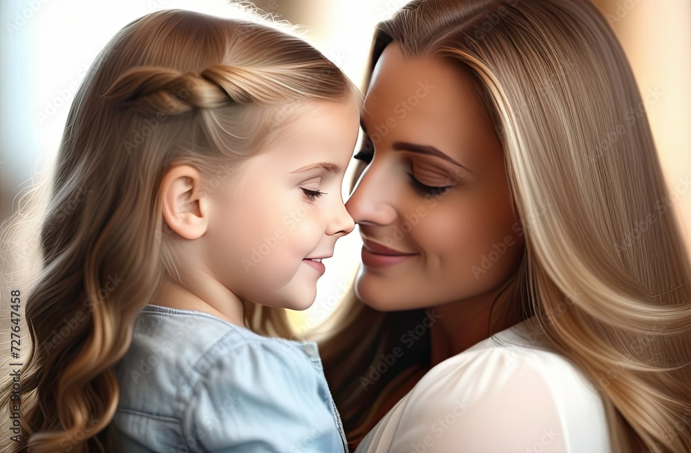 A young mother holds her little daughter in light clothes and with long hair in her arms, they look at each other with their eyes closed, blurred background, closeup