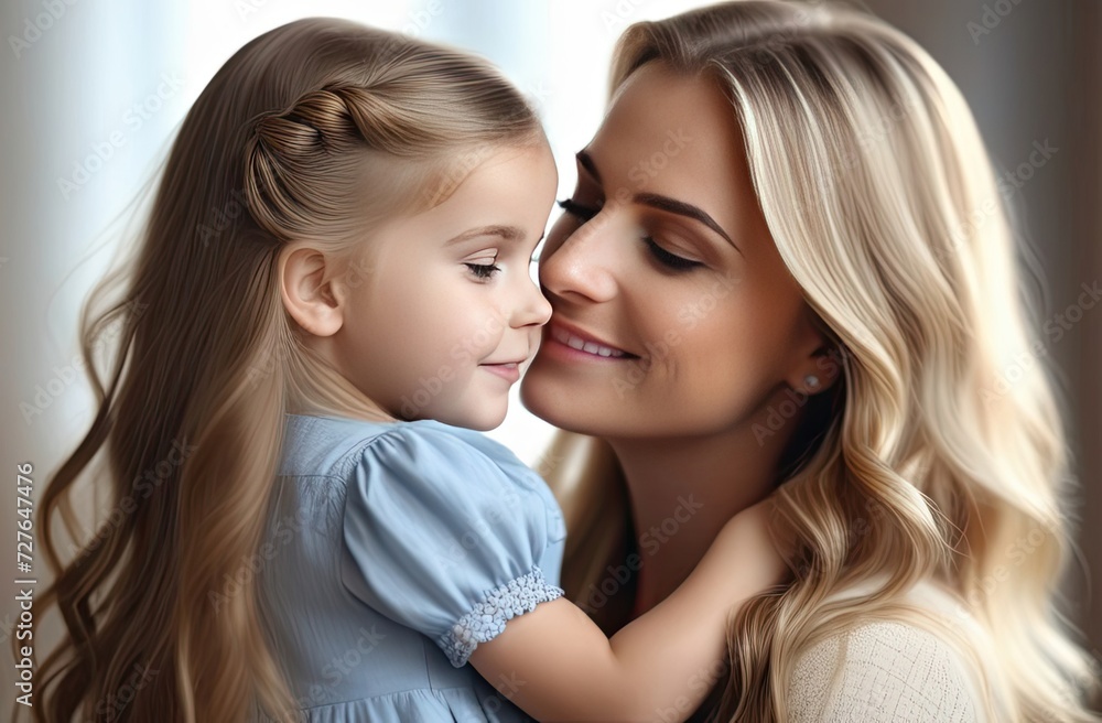 A young woman with long blond hair clings to a little girl, the child put his hands on his mother's neck and closed his eyes, they smile, blurred background, closeup A young woman with long blond hair clings to a little girl, the child put his hands on his mother's neck and closed his eyes, they smile, blurred background, closeup