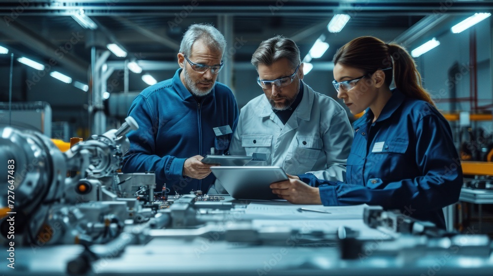 Meeting at an electronics factory, various experts use laptops and tablets with blueprints for innovative green energy engines. Meeting at an electronics factory, various experts use laptops and tablets with blueprints for innovative green energy engines.