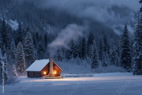 Cozy Cabin in Snowy Forest Clearing with Smoke © MyPixelArtStudios