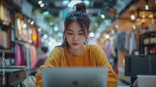 Young Asian woman uses laptop computer to take notes about her fashion project.