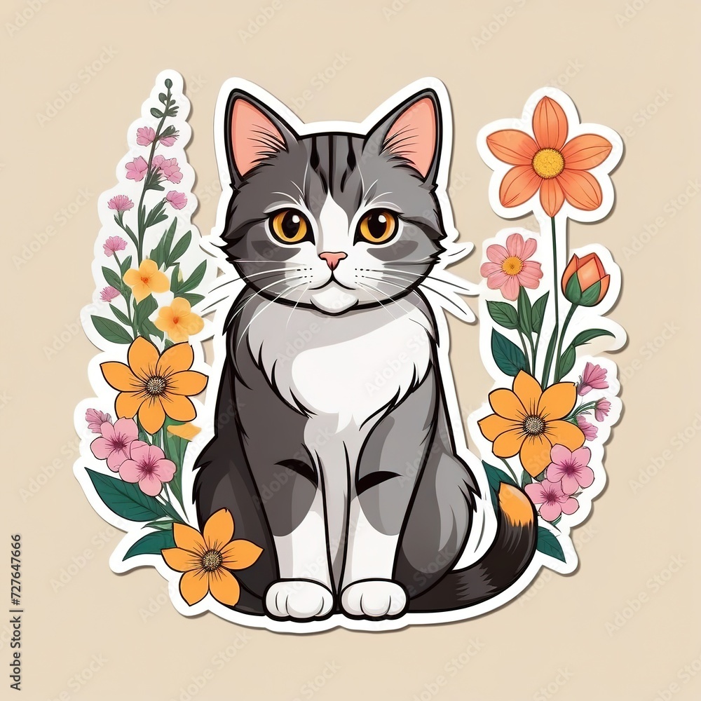 cute kitten and flowers. sticker, print in flat style.