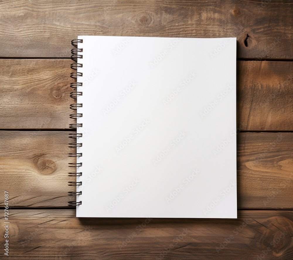 A closed spiral notebook with a black or dark blue cover rests on a wooden table. Space for text. A closed spiral notebook with a black or dark blue cover rests on a wooden table. Space for text.