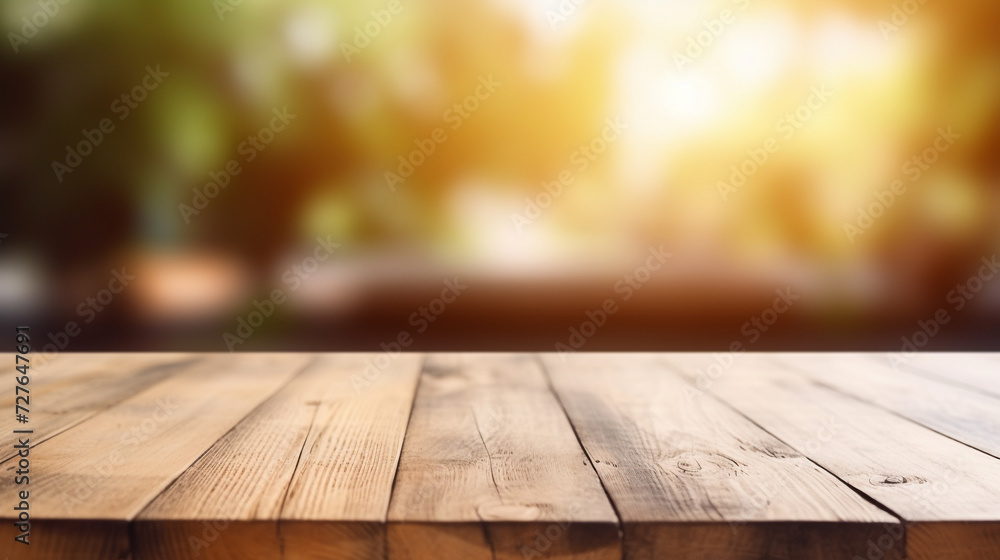 A simple wooden table with a blurred background. The table has a smooth, light brown surface, For product presentations, product shows, live broadcasts, design presentations. - obrazy, fototapety, plakaty 