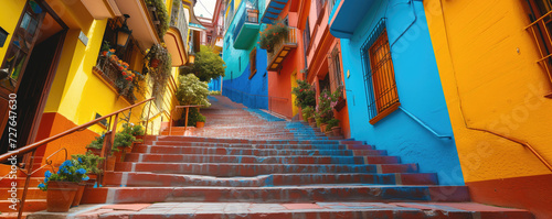 A set of stairs leading up to a colorful buildings © thejokercze