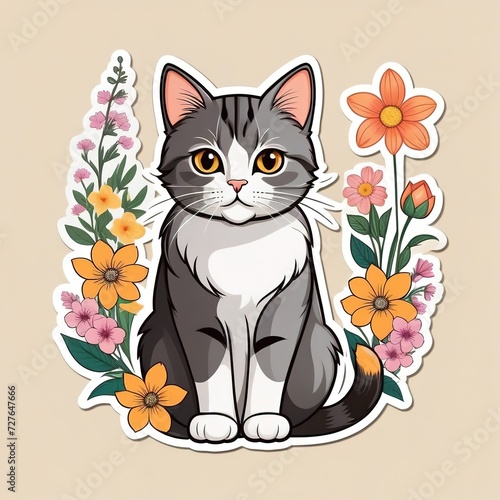 cute kitten and flowers. sticker, print in flat style.