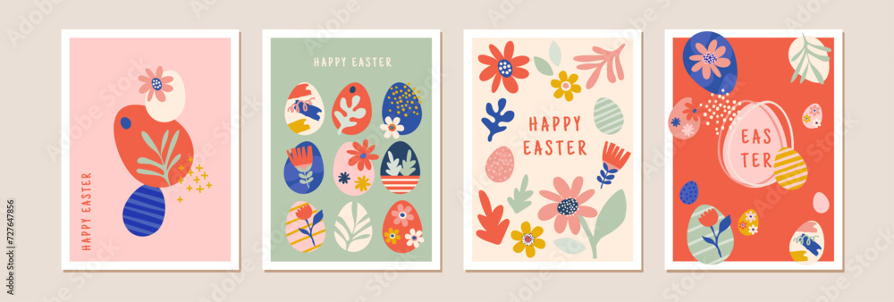 Happy Easter, decorated geometric style Easter card set. Bunnies, Easter eggs, flowers and basket in modern bold minimalist style. Abstract flowers, bunnies and eggs.