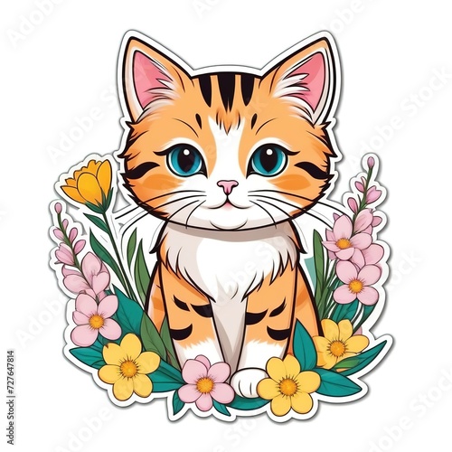 cute kitten and flowers. sticker  print in flat style.