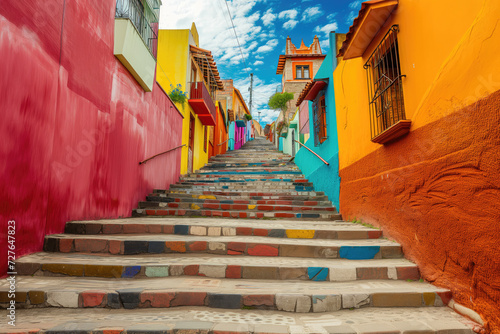 A set of stairs leading up to a colorful buildings