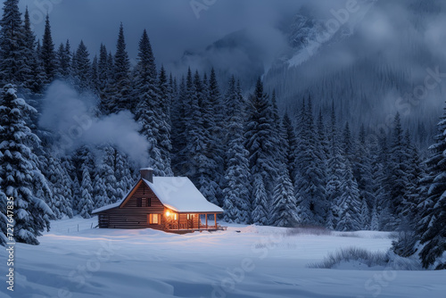 Cozy Cabin in Snowy Forest Clearing with Smoke
