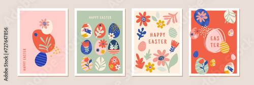 Happy Easter, decorated geometric style Easter card set. Bunnies, Easter eggs, flowers and basket in modern bold minimalist style. Abstract flowers, bunnies and eggs.