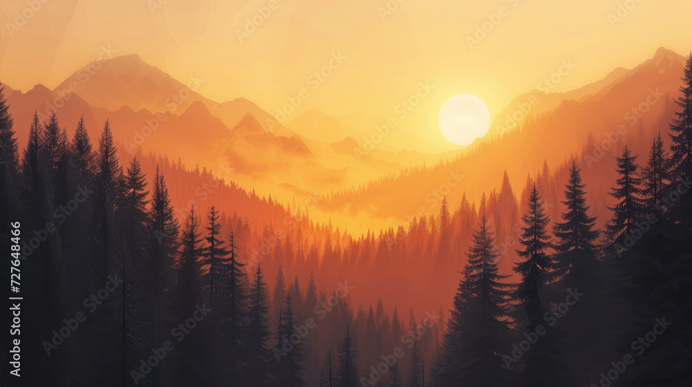 Painting of a serene mountain valley and forest with a warm sunset, modern monochrome style in an earthy color palette on canvas, evoking a sense of serenity