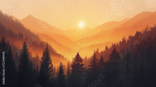Painting of a serene mountain valley and forest with a warm sunset, modern monochrome style in an earthy color palette on canvas, evoking a sense of serenity