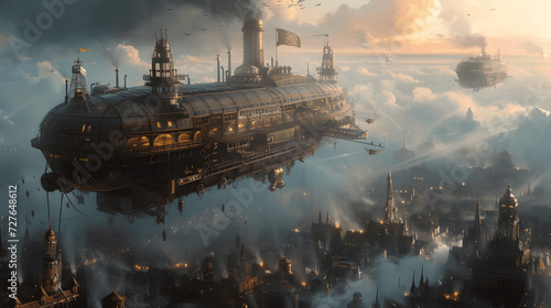steampunk airship armadacloud cities and sky pirates a fleet of grand airships navigating between fl Generative AI