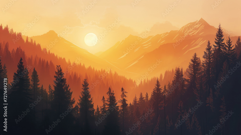 Obraz premium Painting of a serene mountain valley and forest with a warm sunset, modern monochrome style in an earthy color palette on canvas, evoking a sense of serenity